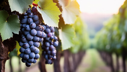 Red Grapes with Green Leaves on the Vine. Creative banner. Copyspace