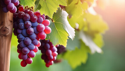 Fototapeta premium Red Grapes with Green Leaves on the Vine. Creative banner. Copyspace