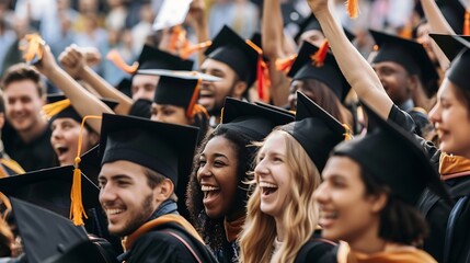 A diverse group of graduates joyfully celebrate in their caps and gowns at a university graduation ceremony : Generative AI