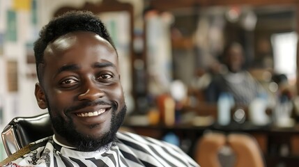 Obraz premium Barber shop hair stylist smile and black man portrait of an entrepreneur with beard trimmer Salon professional worker and male person face with happiness from small business and beauty : Generative AI