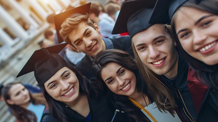 Fototapeta premium Our parents are so proud of us Shot of a group of cheerful university students on graduation day : Generative AI