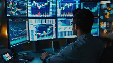 A businessman analyzes data on multiple monitors in a dark room.