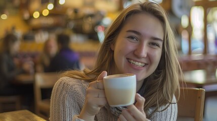 Coffee shop smile and portrait of woman with drink caffeine beverage and cappuccino for aroma Happy relax and person with mug in restaurant cafe and diner for breakfast satisfaction or : Generative AI