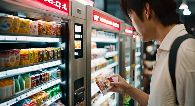 Asian man purchasing from a vending machine.