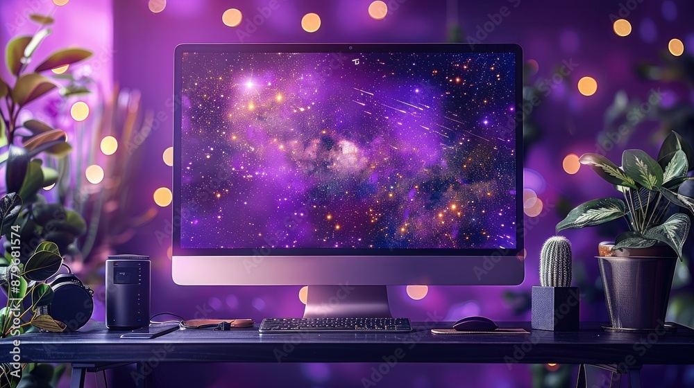 Poster Stylish metal office with a suspended desk and big computer monitor, keyboard, mouse and camera on the top of the desk, painted in deep purple and gold style, purple and gold color cosmic background.