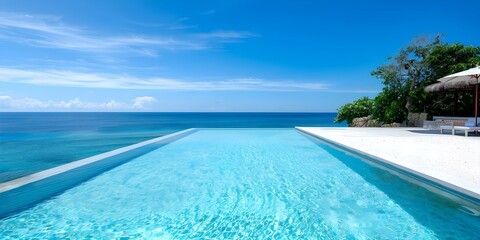 Fototapeta premium Luxurious Getaway Private Island Retreat with Infinity Pool and Breathtaking Ocean Views. Concept Private Island, Infinity Pool, Ocean Views, Luxurious Getaway, Retreat