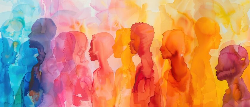 watercolor painting celebrates diversity and unity with an abstract colorful art depiction of a diverse group of people ideal for social and cultural designs