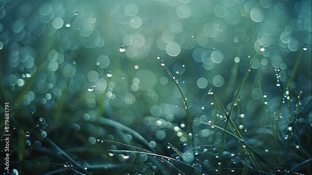 Poster rain drops on grass and branches. haze. generative ai.