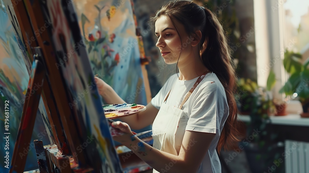 Poster the artist paints in oils at the easel in the hands of a palette and a palette knife she is wearing 