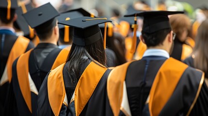 Rearview of university graduates wearing an academic gown on commencement day Education stock photo : Generative AI