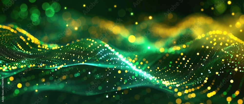 Canvas Prints futuristic background features green and yellow glowing neon wave lines and bokeh lights, ideal for 