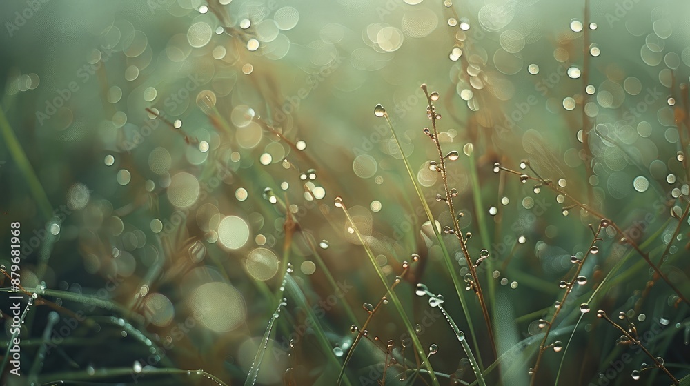 Poster rain drops on grass and branches. haze. generative ai.