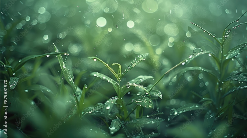 Poster rain drops on grass and branches. haze. generative ai.