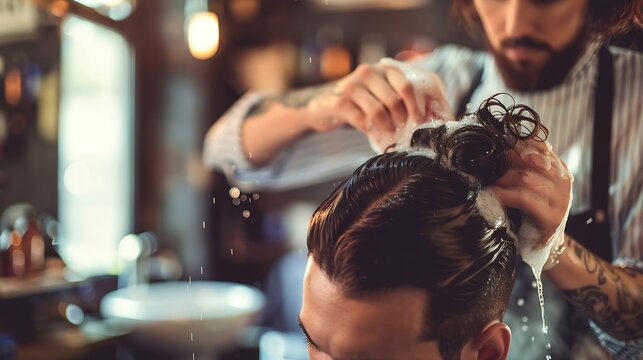 Hairstylist washing clients hair in barber shop : Generative AI