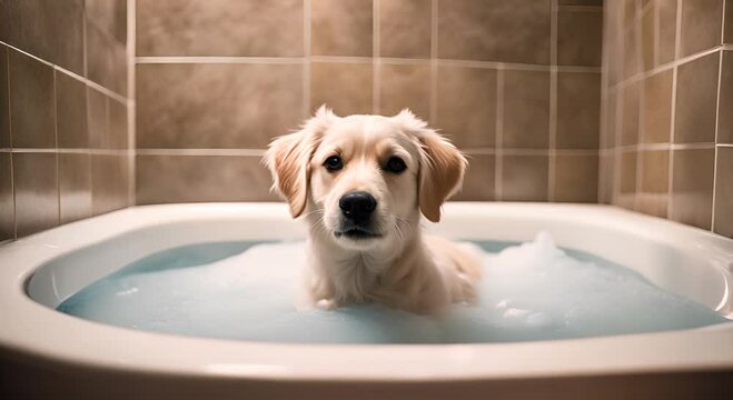 Dog bathing in the bathtub.