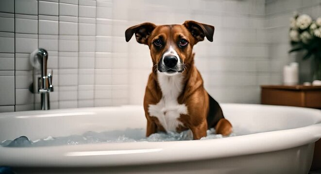 Dog bathing in the bathtub.
