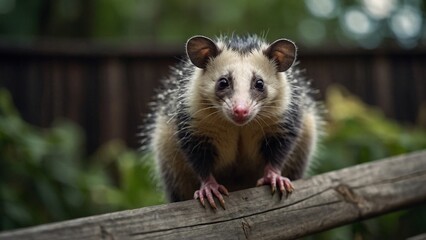 Fototapeta premium A close-up portrait of a tiny cute black and white opossum sitting on a tree branch. Beautiful animal mammal photography illustration. Didelphidae, marsupial. 