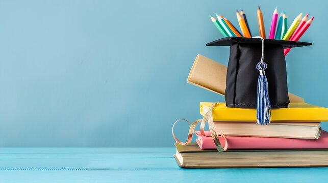 Graduation dayA mortarboard and graduation scroll on stack of books with pencils color in a pencil case on blue backgroundEducation learning concept : Generative AI