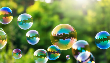 Rainbow soap bubbles floating against blurred green background. Abstract multi-color backdrop.