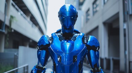 Metallic blue humanoid robot in a minimalist urban setting 
