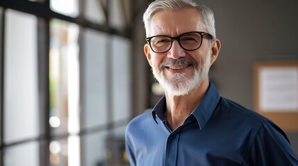 Obraz premium Happy mid aged older business man executive standing in office Smiling 50 year old mature confident professional manager confident businessman investor looking at camera headshot close : Generative AI