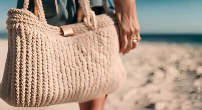 Woman with cloth bag on the beach.