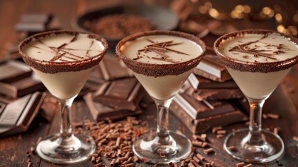 Elegant chocolate martinis in decorated cocktail glasses on a rustic table filled with chocolate pieces. Perfect for a party, bar menu, or food blog feature. Beautifully presented drinks. AI