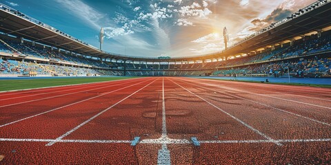 Sunset at empty track and field stadium with clear skies