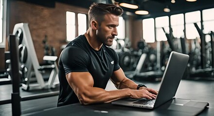 Personal trainer using laptop at the gym.