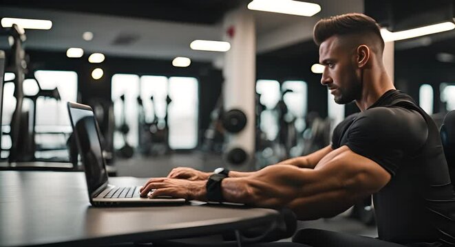 Personal trainer using laptop at the gym.