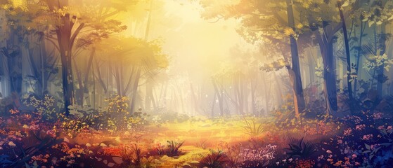 stunning artistic conception of a beautiful forest landscape painting, showcasing a tender and dreamy design perfect for capturing the beauty of nature