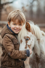 Fototapeta premium Happy Boy Hugging A Pony Horse On A Winter Day. Generative AI