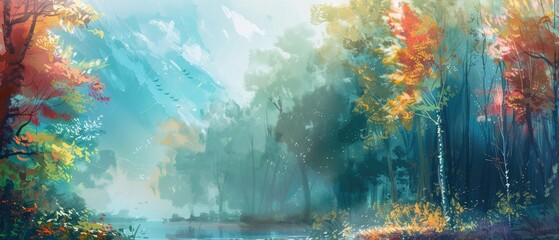 Obraz premium forest landscape painting features a tender and dreamy design, ideal for nature-themed and artistic backgrounds