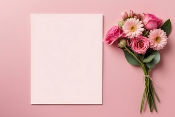 Blank greeting card mockup and flowers on pink background. Happy Mother's Day, Birthday, anniversary concept