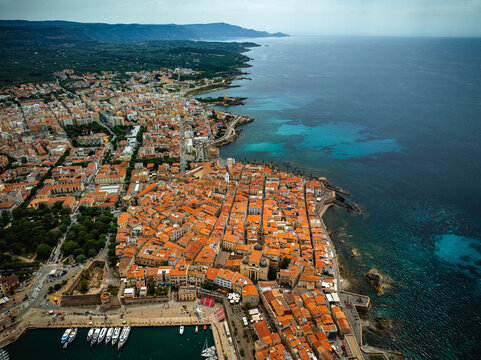 aerial photo with drone of the city Alghero on the island of Sardinia Italy