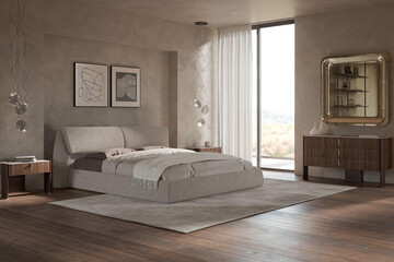 Modern luxury bedroom interior in minimal scandinavian style, 3d rendering