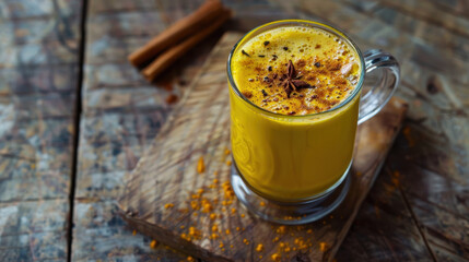Glass of turmeric milk with cinnamon and star anise on rustic wooden table