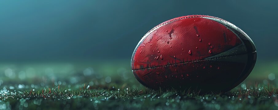 Wet rugby ball on grass under evening lights - Powered by Adobe