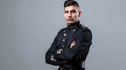 Fototapeta premium Full size fullbody portrait of virile harsh barber in uniform holding arms on waist looking at camera isolated over grey background : Generative AI