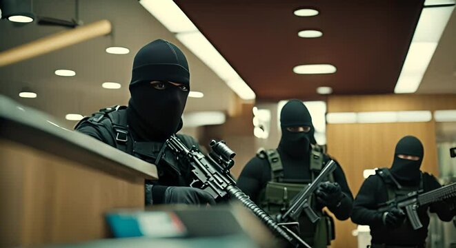 Thieves in balaclavas robbing a bank.