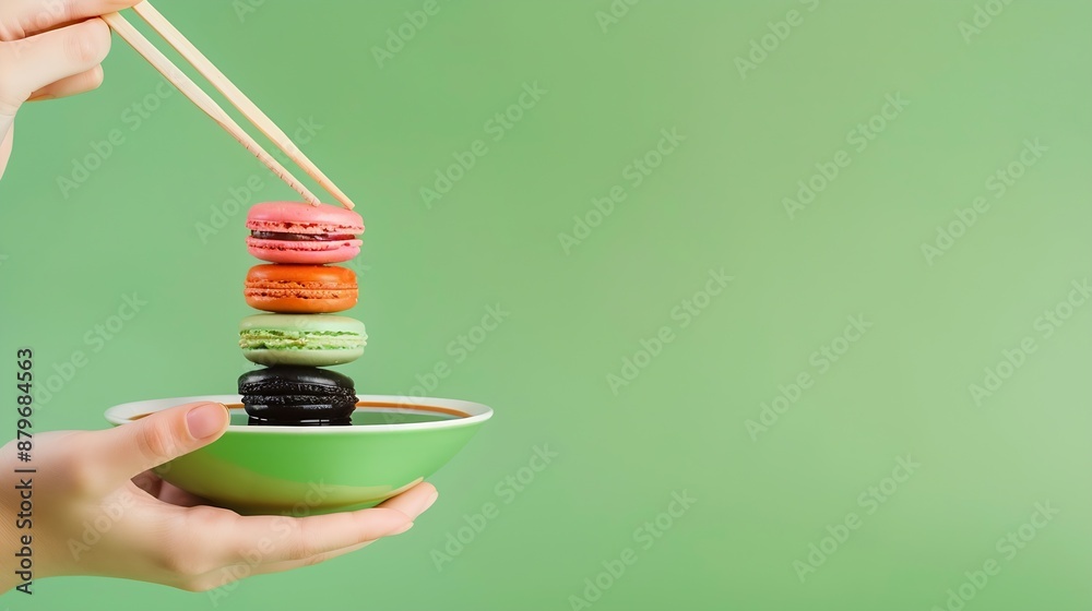 Poster cropped image of girl putting sweet macarons into soy sauce with chopsticks over green studio backgr