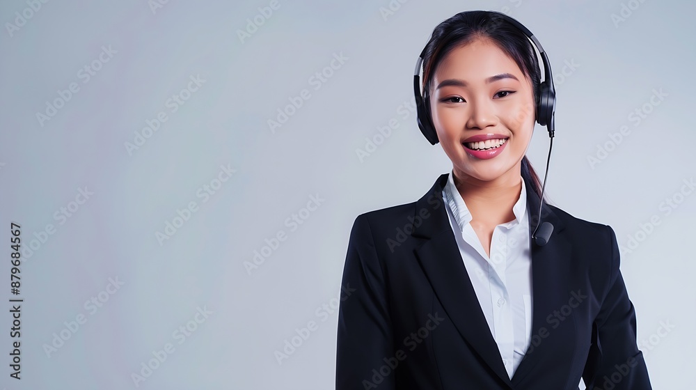 Poster Attractive asian female call center operator with happy smile face advertises job opportunity on empty space wearing a formal suit and headset on customizable isolated background Enthu : Generative AI