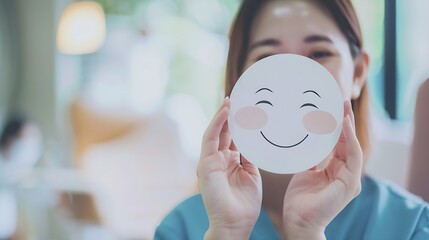 Hand holding paper cut circle symbol face smile happy relax satisfaction survey customer services positive good wellness health child hospital world mental health day concept : Generative AI