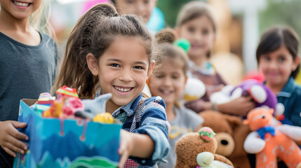Kids handing toys to other children in need, joyful and heartwarming, upper third copy space