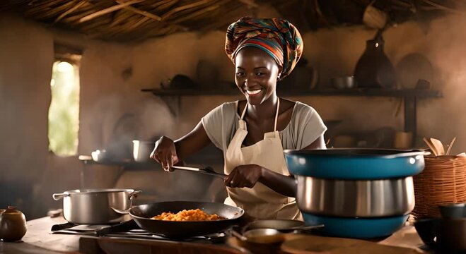 African woman cooking in the African village.