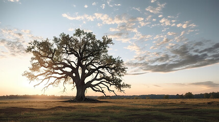 landscape with the silhouette of an old tree in the distance 