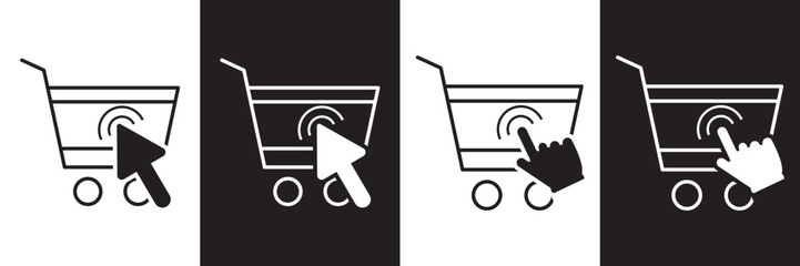 Shopping cart icon. Web store shopping cart icon. Full and empty shopping cart symbol in thin line and flat style, click button symbol for apps and websites.