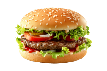 Hamburger with black beans, vegetables and spices isolated on transparent white background.