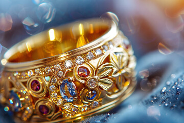 A close-up of an ornate gold ring with sparkling gemstones. ornate gold ring sparkling gemstones jewelry accessory fashion.