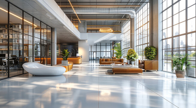 In flexible office spaces with movable walls, ergonomic furniture, a blend of work and relaxation areas, contemporary design. Generative AI.
